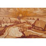 Rural landscape with setting sun, signed 'Permeke', sepia mixed media painting, unframed, 11" x 12"