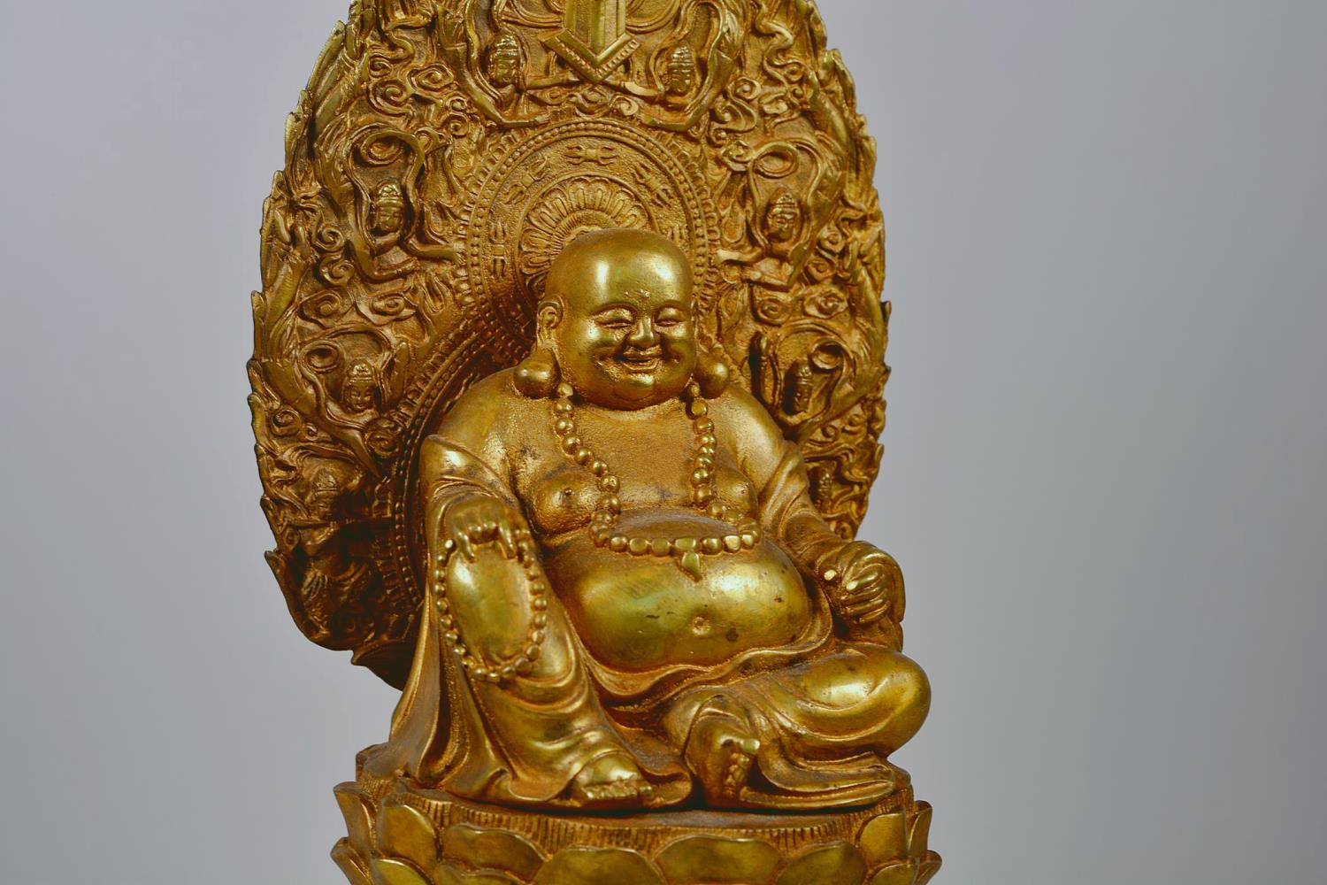 A large Chinese gilt metal Buddha seated on a lotus throne, impressed 4 character mark to base, - Image 6 of 7
