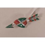 A silver, malachite and agate set arrow and shield brooch, 2¼" long