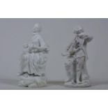 An C18th Derby biscuit porcelain figure of a seated lady, elegantly dressed and playing with a