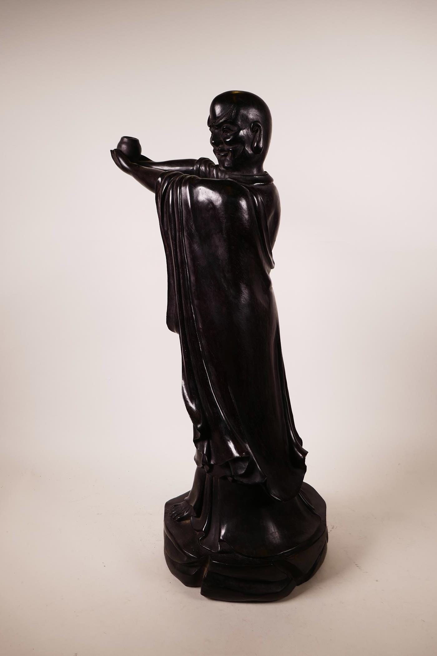 A large Chinese carved hardwood figure of Lohan holding a censer, A/F losses, 26" high - Image 5 of 6
