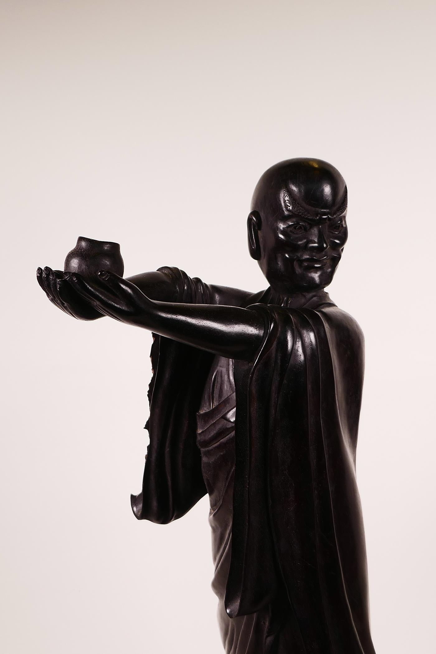 A large Chinese carved hardwood figure of Lohan holding a censer, A/F losses, 26" high - Image 2 of 6