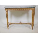 A C19th/C20th giltwood console table with a vert de mer marble top, 44" x 16½", 31" high