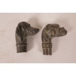 A pair of bronze dog head walking stick handles, 3"