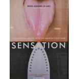 A framed exhibition poster for the 1997 Royal Academy of Arts show 'Sensation', together with two