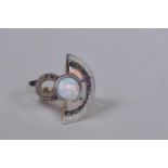 An Art Deco style silver, marcasite and opalite set ring, size 'R'