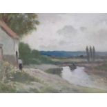 H.E. Lewis (British, fl. C20th), an impressionist river scene in muted tones, monogrammed lower