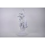 A large C19th Sevres style white bisque porcelain group of a young couple in classical dress, gazing