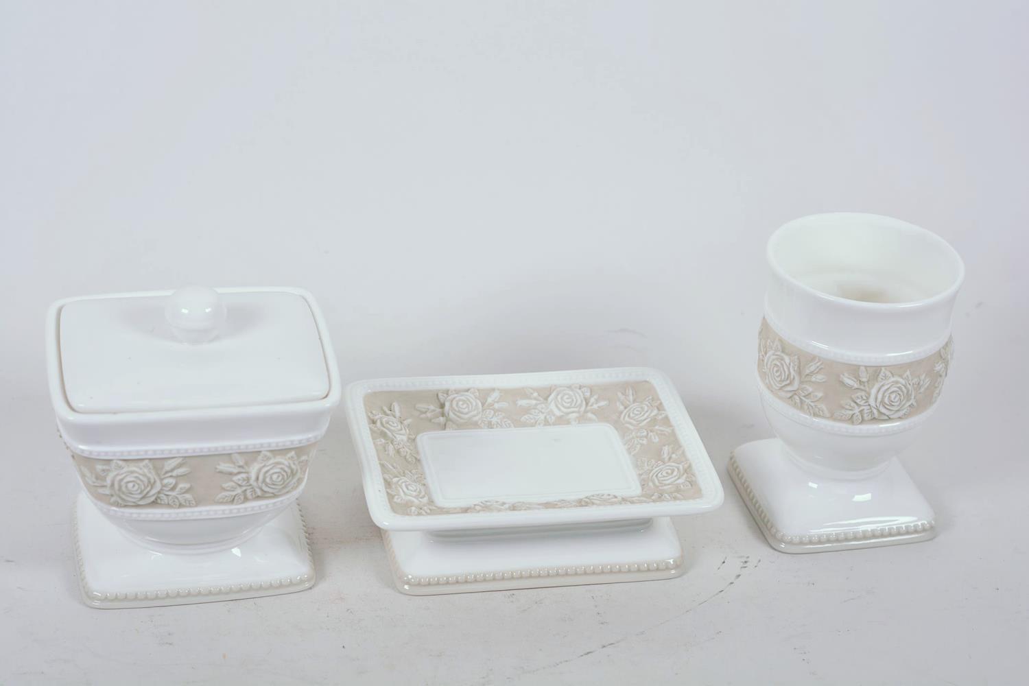 A Swedish porcelain dressing table trio of trinket box, pin tray and vase with embossed floral - Image 2 of 9