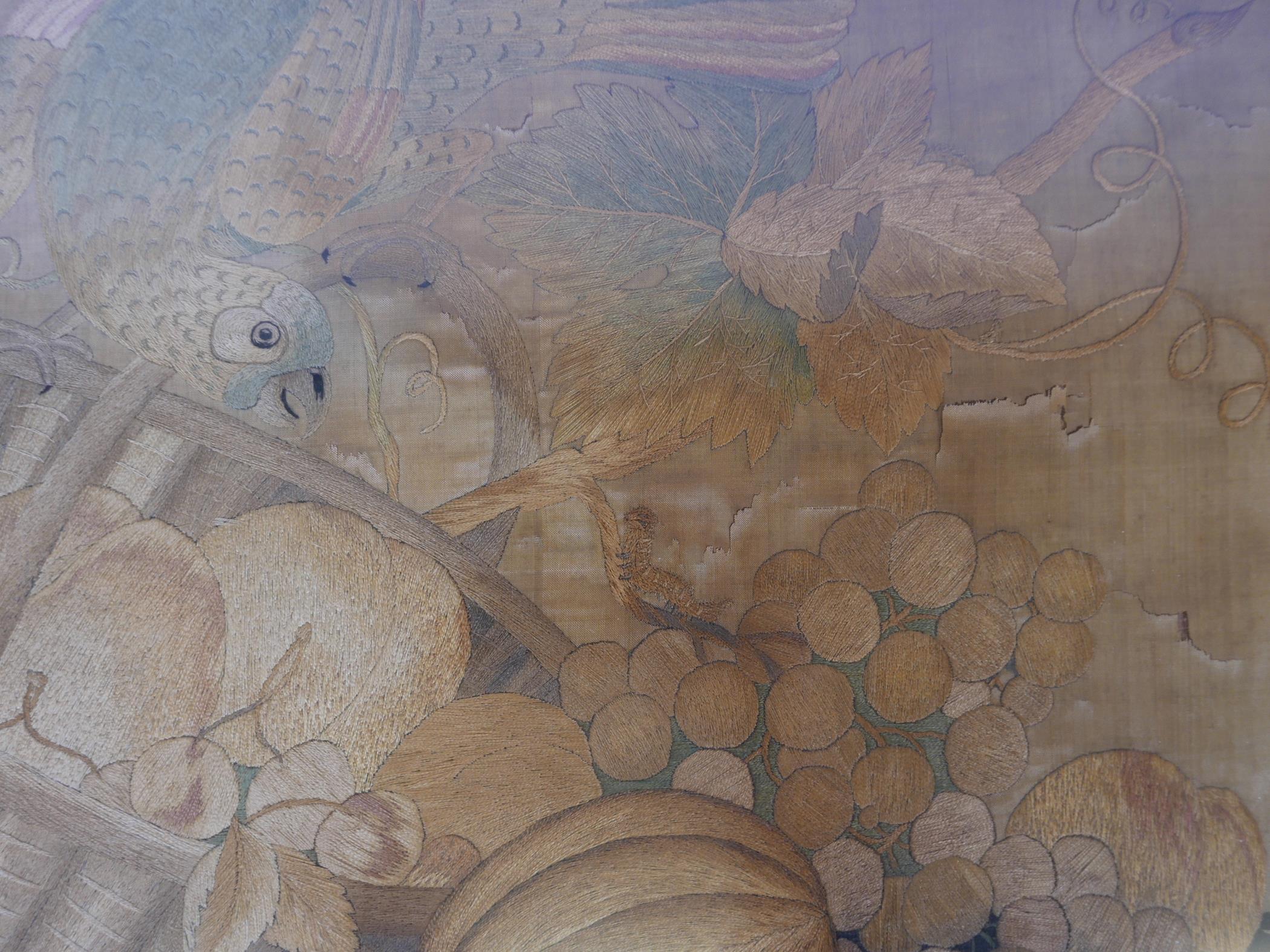 A Regency silkwork depicting a parrot in a bowl of fruit, in an oak frame, 23" x 30" - Image 4 of 4