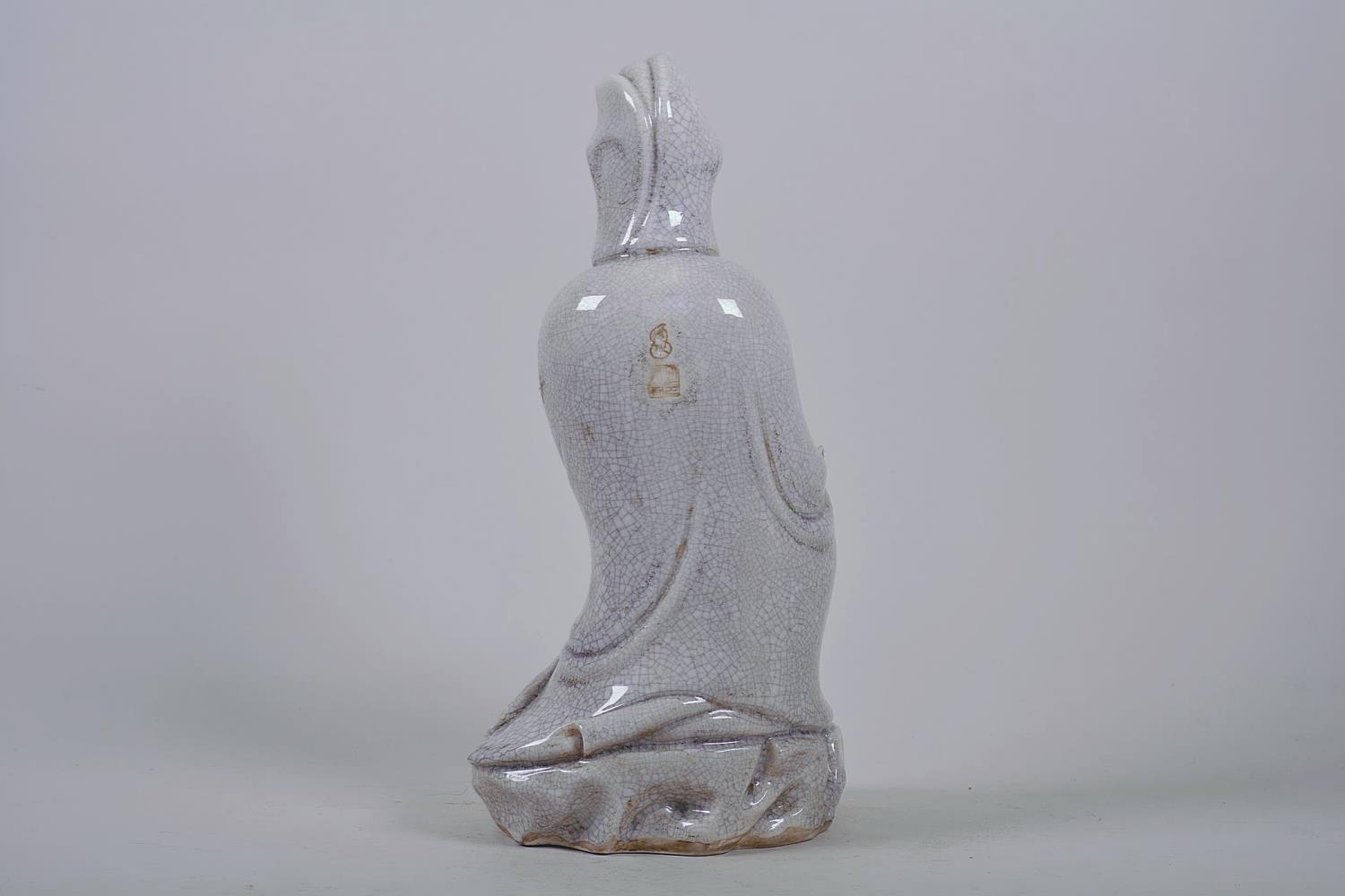 A Chinese crackle glazed blanc de chine Quan Yin, impressed seal marks verso, 12" high - Image 3 of 9