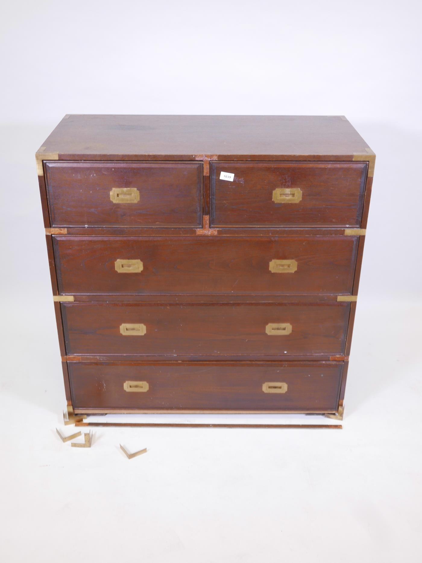 A mahogany military style chest of two short and three long drawers with brass bound corners, - Image 2 of 7