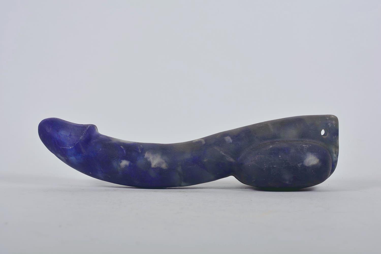 A marbled blue glass phallus pendant, 11" long