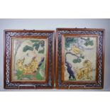 Two Oriental polychrome ceramic plaques depicting figures and animals in landscape, mounted in