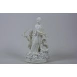 An C18th Derby biscuit soft paste porcelain figural group representing Poetry from a set of Muses: a