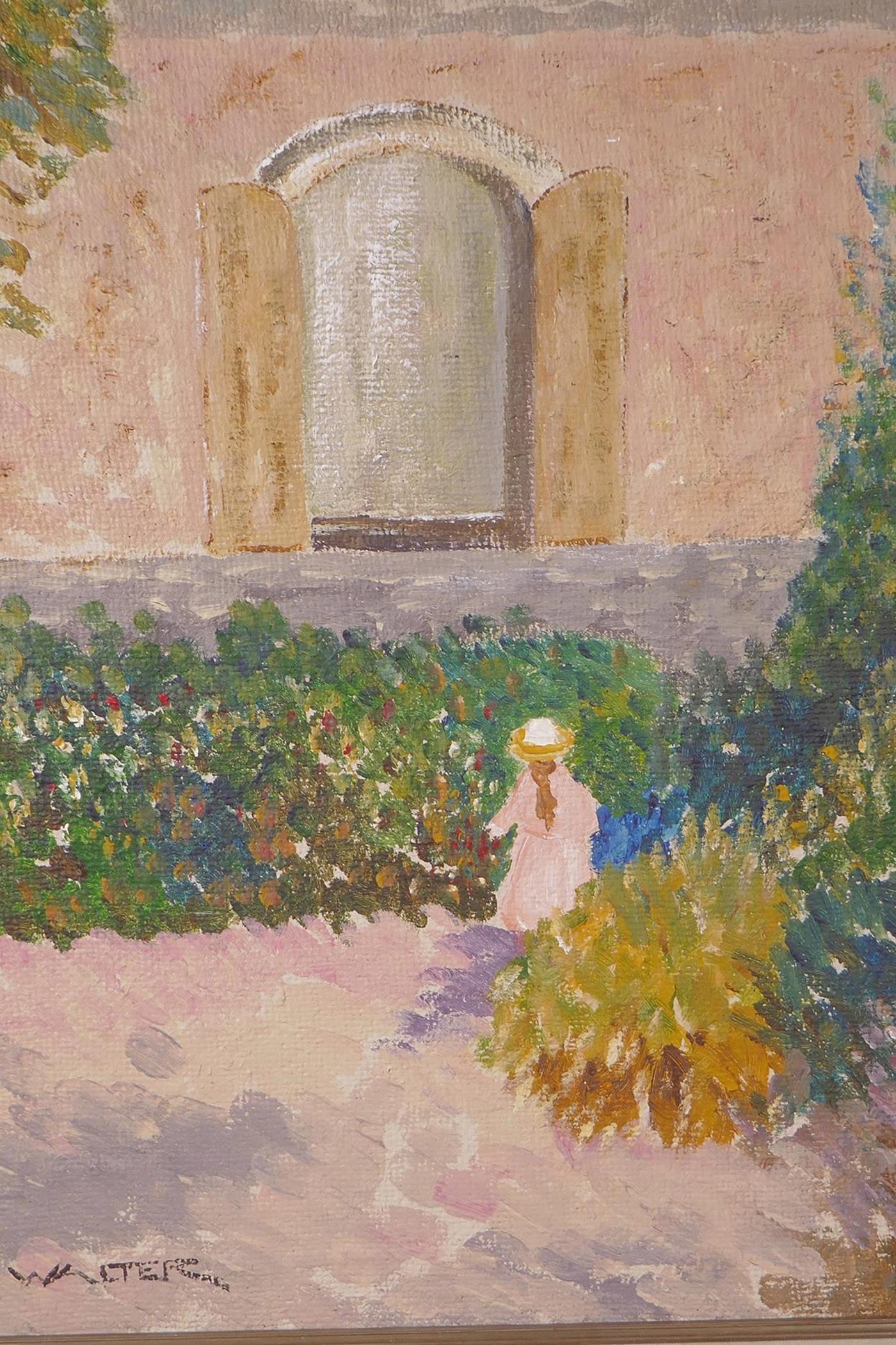 Child picking flowers in a chateau garden, , oil on canvas, signed Walter, 15½" x 19½"