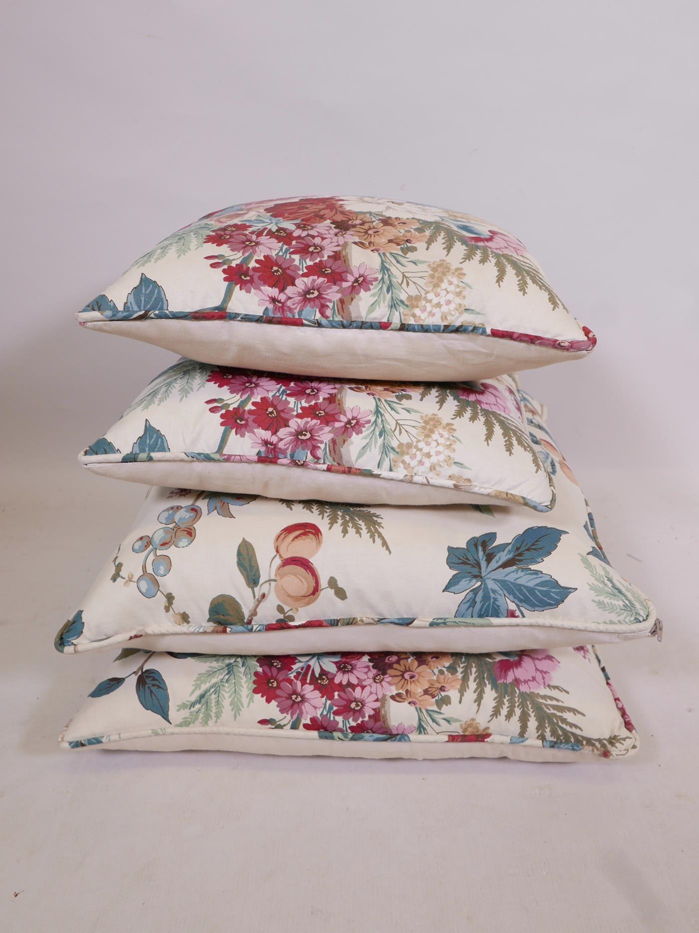 A set of four cotton chintz cushions, with piping, leather pads and zips to each, two of 15" - Image 6 of 6