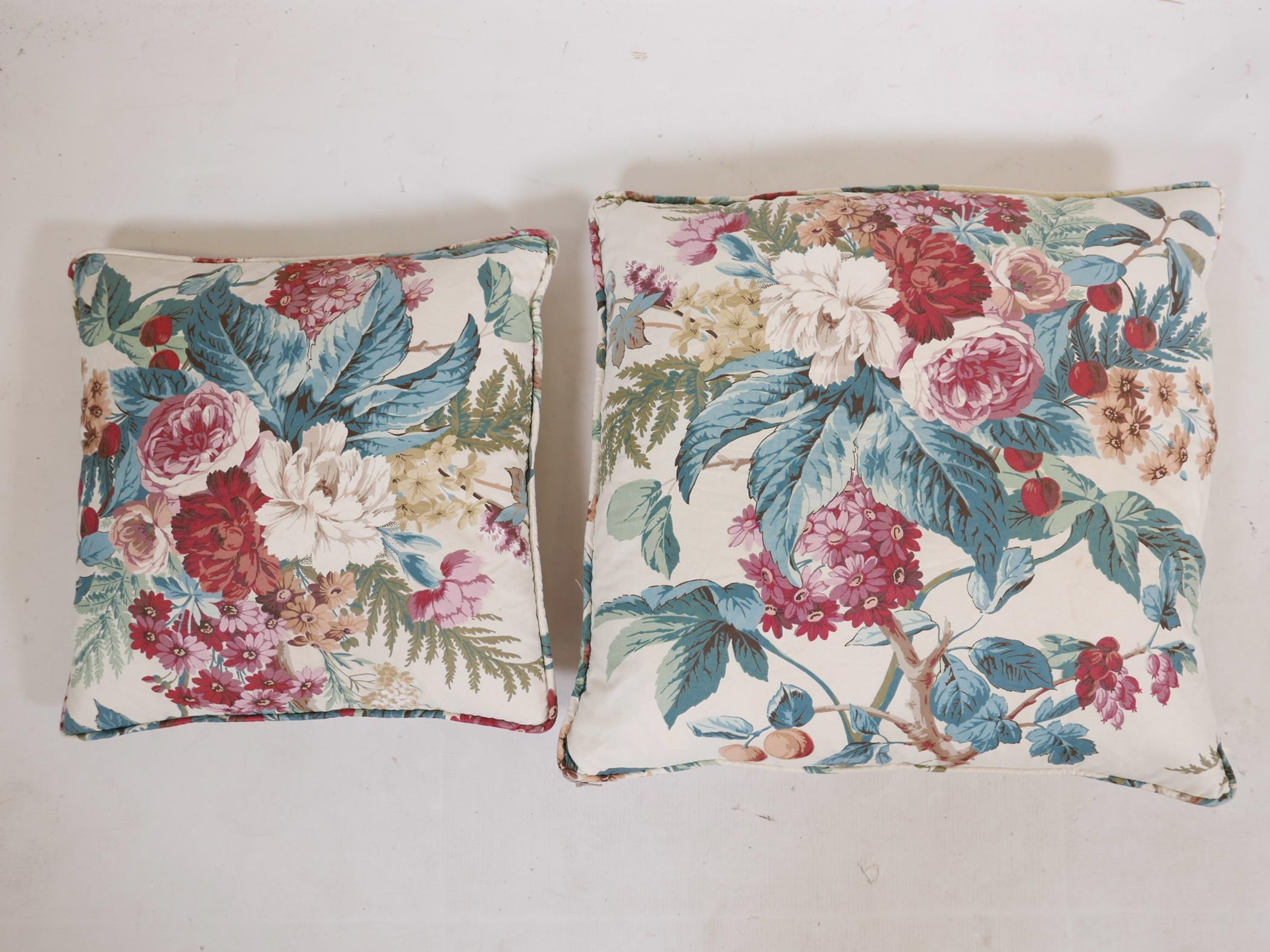 A set of four cotton chintz cushions, with piping, leather pads and zips to each, two of 15" - Image 4 of 6