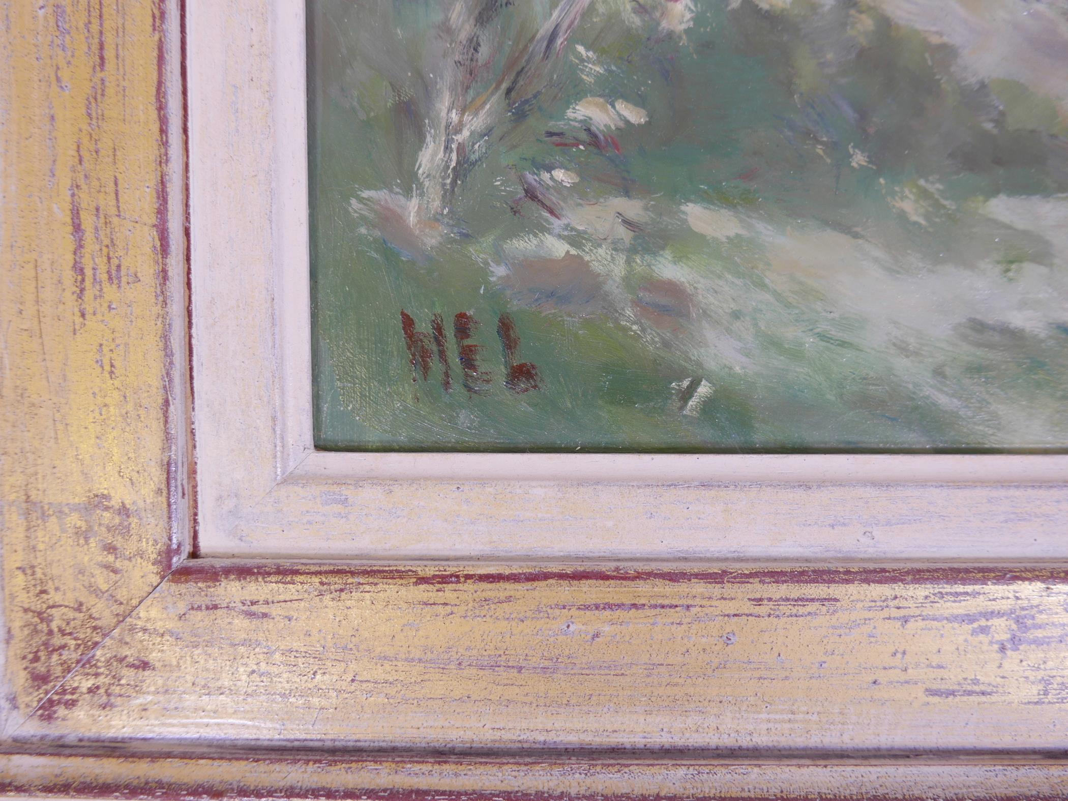 H.E. Lewis (British, fl. C20th), an impressionist river scene in muted tones, monogrammed lower - Image 3 of 4