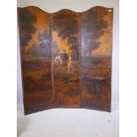 A three fold leather screen, decorated in vernis martin style with a pastoral scene, each panel