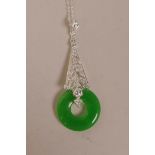 A silver and jadeite ring pendant on silver chain