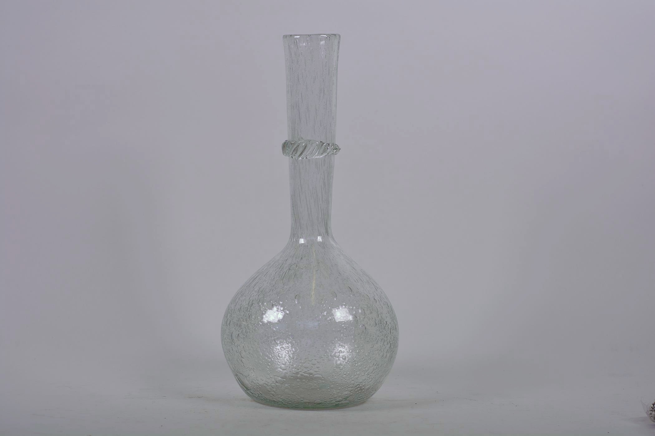 A bulbous bubble glass specimen vase with long slender neck, 12" high