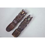A pair of possibly Oceanic carved Tiki totem spoons, with abalone decoration, A/F, 6½" long