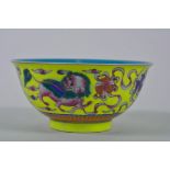 A Chinese polychrome porcelain rice bowl with fo dog decoration, 6 character mark to base, 6"
