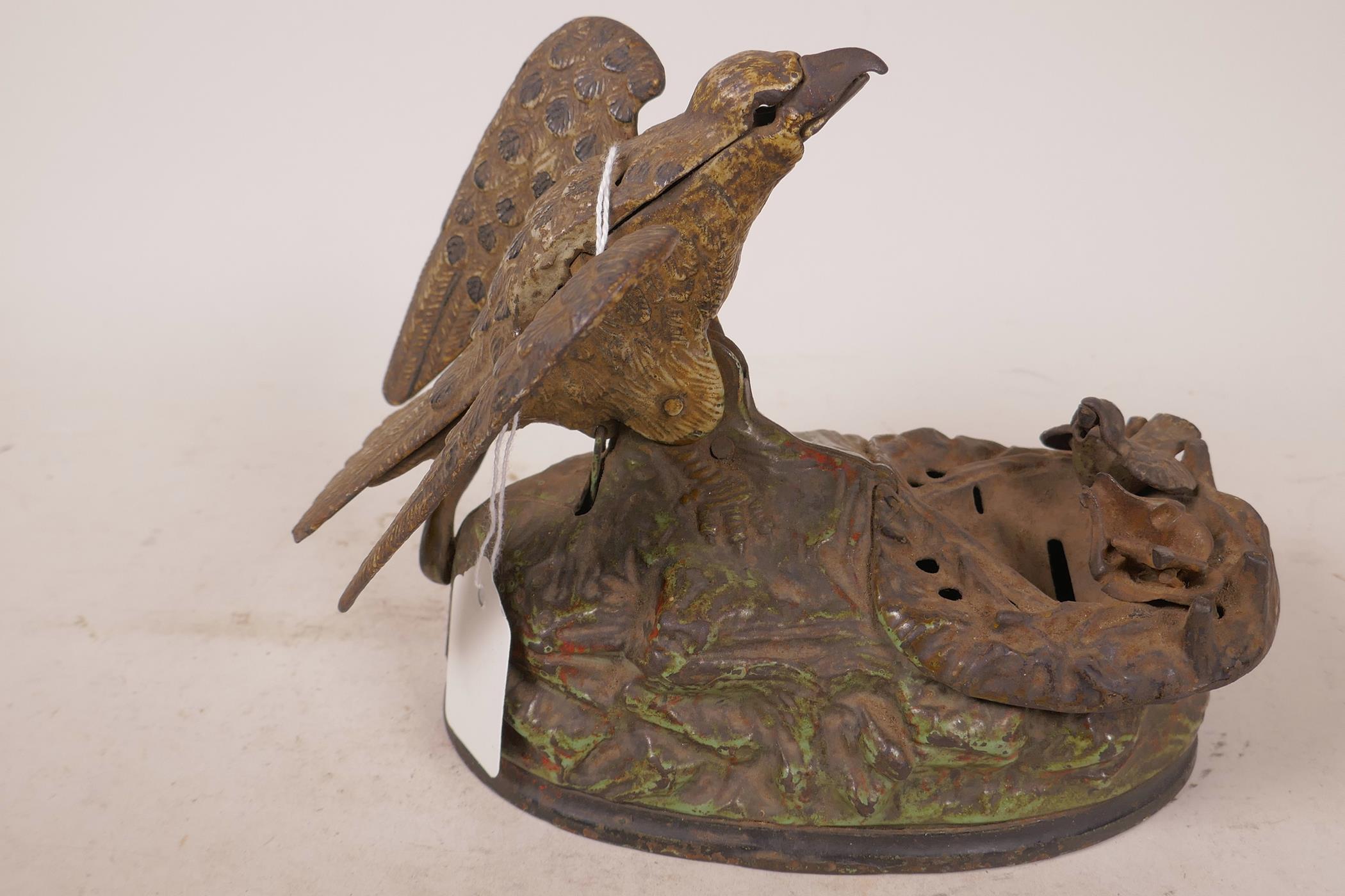A vintage American cast iron eagle and eaglette mechanical money box with chirp, designed by Charles - Image 3 of 7