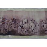 A Chinese printed scroll depicting an extensive scene with travelling figures, and two