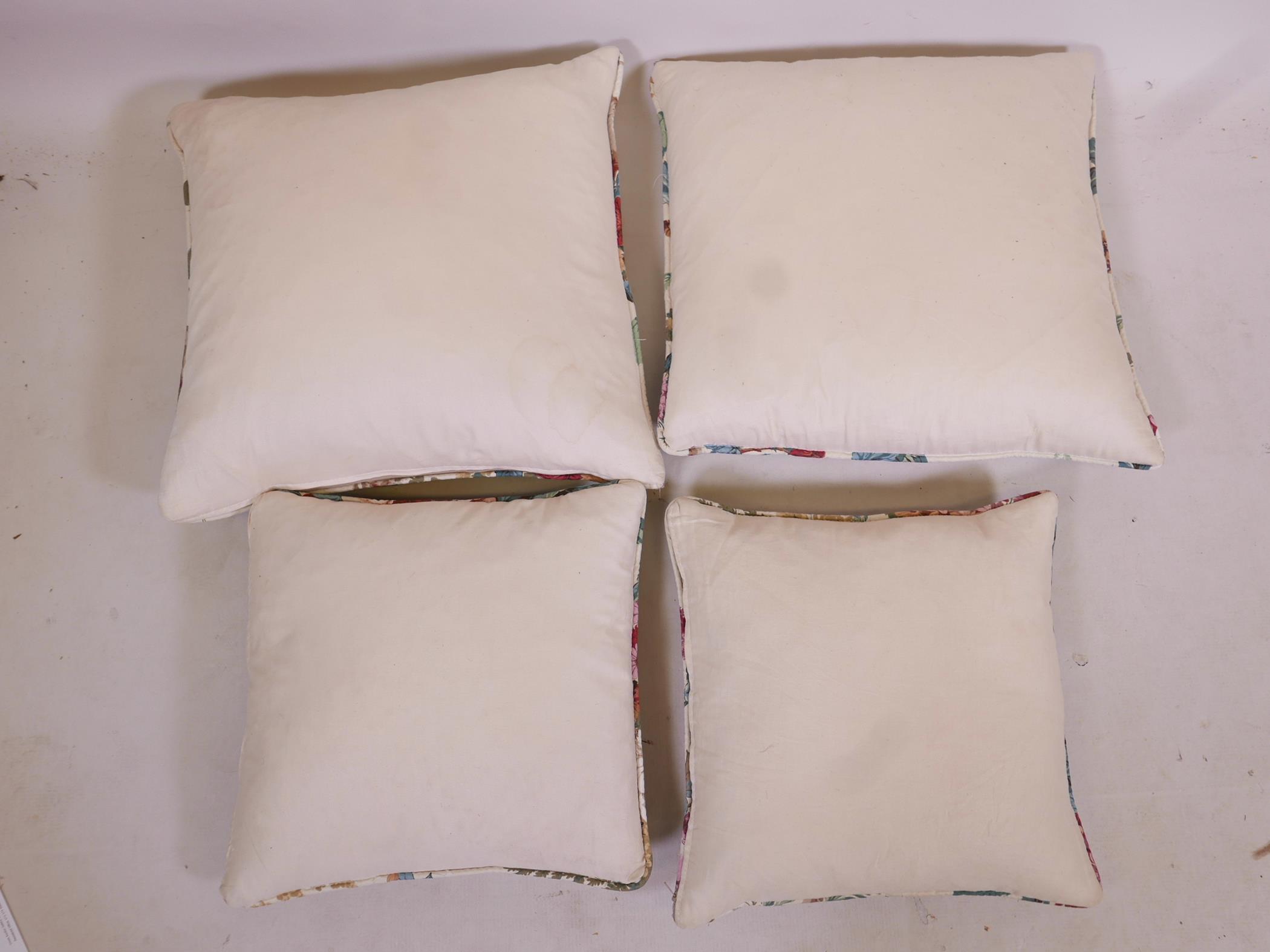 A set of four cotton chintz cushions, with piping, leather pads and zips to each, two of 15" - Image 2 of 6