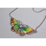 A silver and plique-a-jour butterfly necklace, 2¼" widest