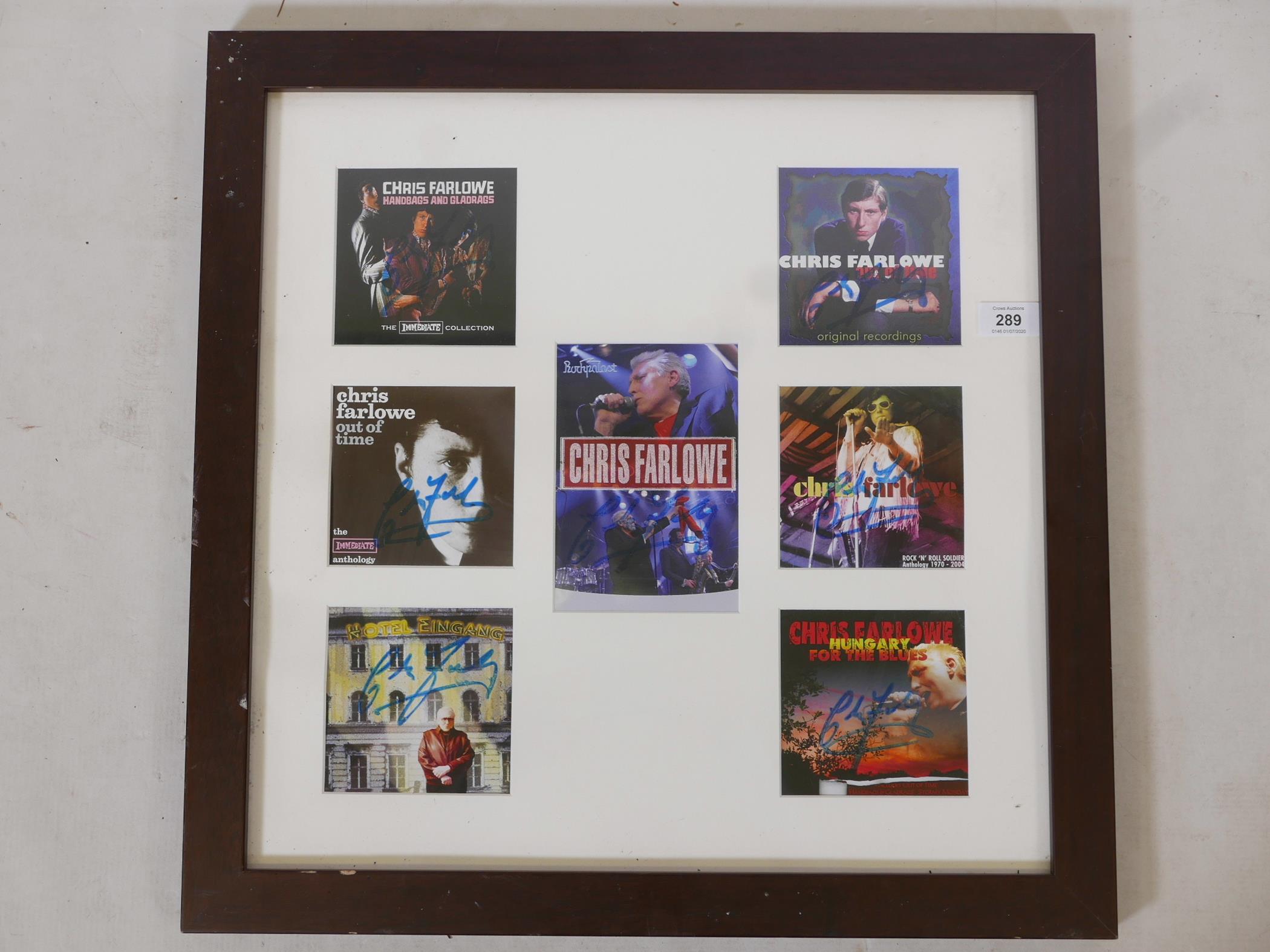 A framed collection of seven Chris Farlowe CD and DVD covers, all signed