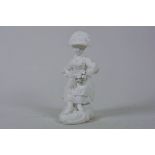An C18th Derby biscuit porcelain figurine of a seated lady holding a basket of flowers, model 'No 8'