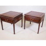 A pair of Chinese hardwood single drawer occasional tables, 22" x 22", 23" high