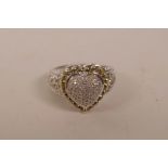 A silver and gold set diamond, heart shaped dress ring, size 'P/Q'