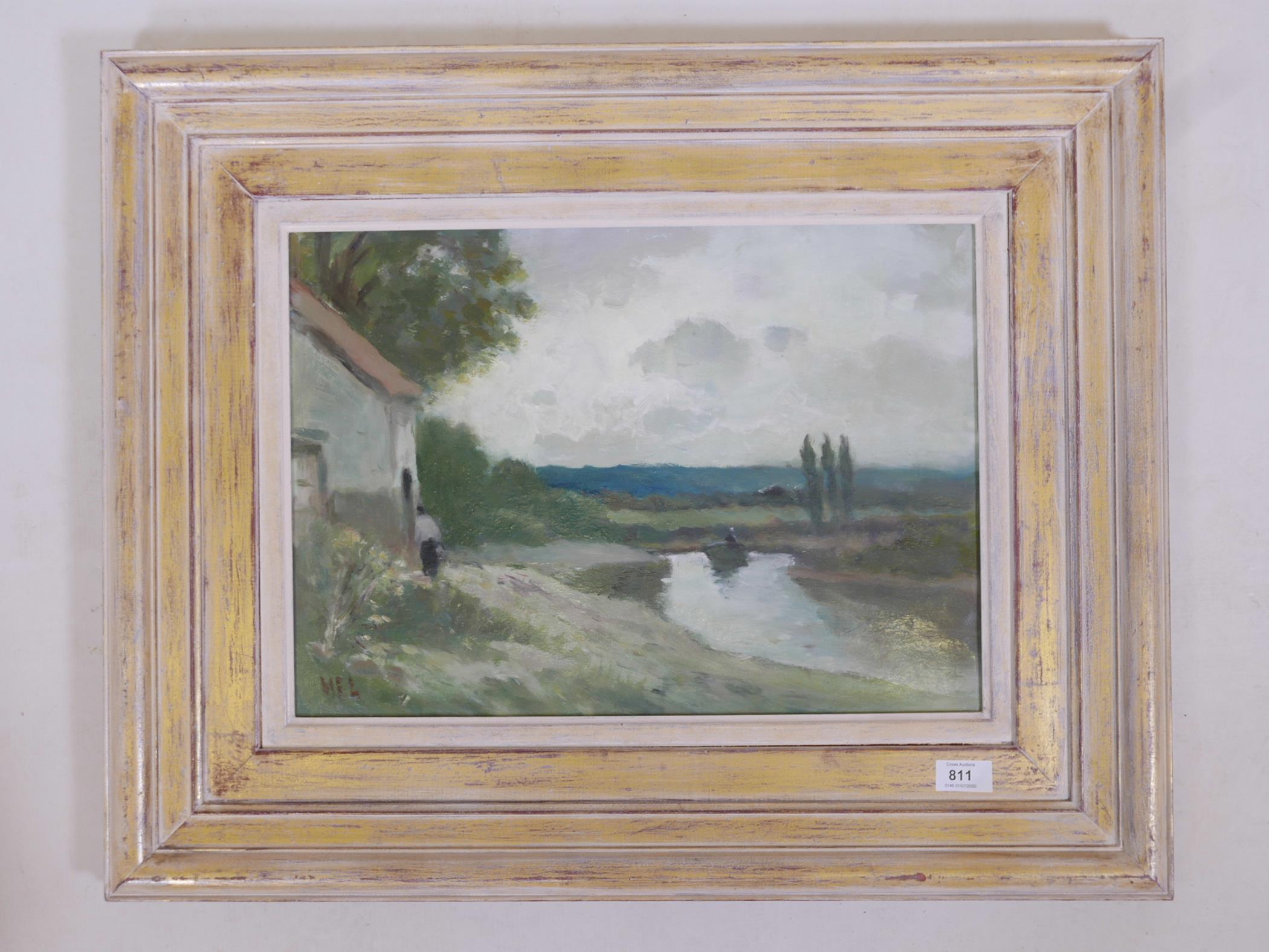 H.E. Lewis (British, fl. C20th), an impressionist river scene in muted tones, monogrammed lower - Image 2 of 4