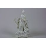 An C18th Derby biscuit soft paste porcelain figural group representing Poetry from a set of Muses: a