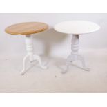 A pair of painted oak occasional tables raised on turned columns and tripod supports, 24" diameter