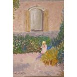 Child picking flowers in a chateau garden, , oil on canvas, signed Walter, 15½" x 19½"