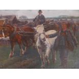 Geoffrey Mortimer (British, 1895-1986), 'The Horse Fair' after Alfred Munnings, oil on board, 10½" x