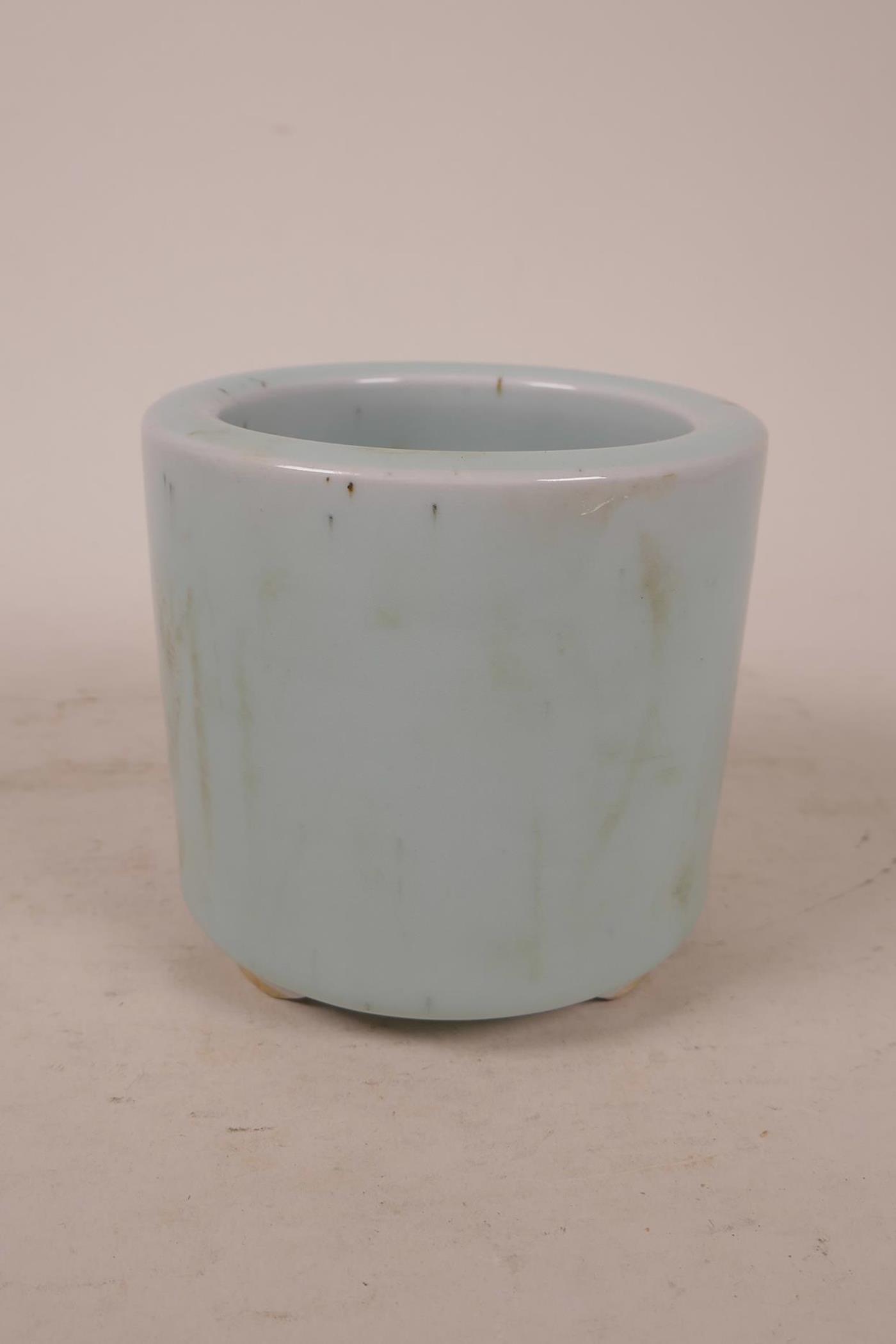 A Chinese Ru style duck egg blue glazed porcelain planter, seal mark to base, 4" high x 4½" diameter