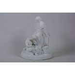 A C19th Sevres style white bisque porcelain figural group of an C18th French young man and girl in