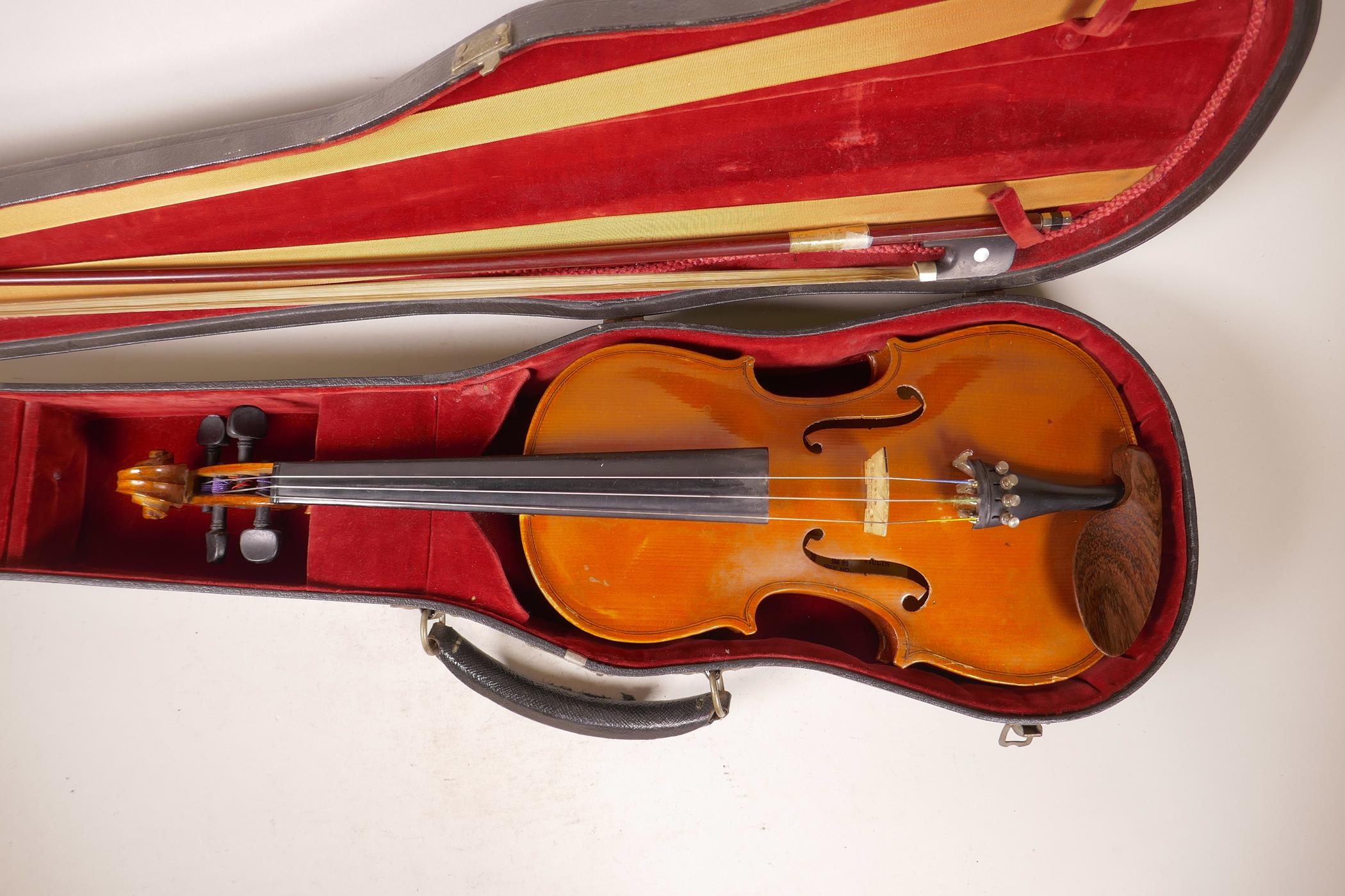 A small violin, 22½" long, with bow, in associated case - Image 2 of 7