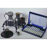 A box of metalware including Japanese incensor, C19th trivet, pewter tappet etc