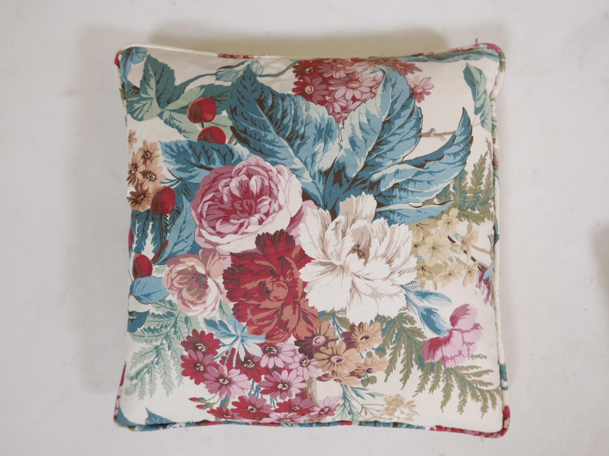 A set of four cotton chintz cushions, with piping, leather pads and zips to each, two of 15" - Image 3 of 6