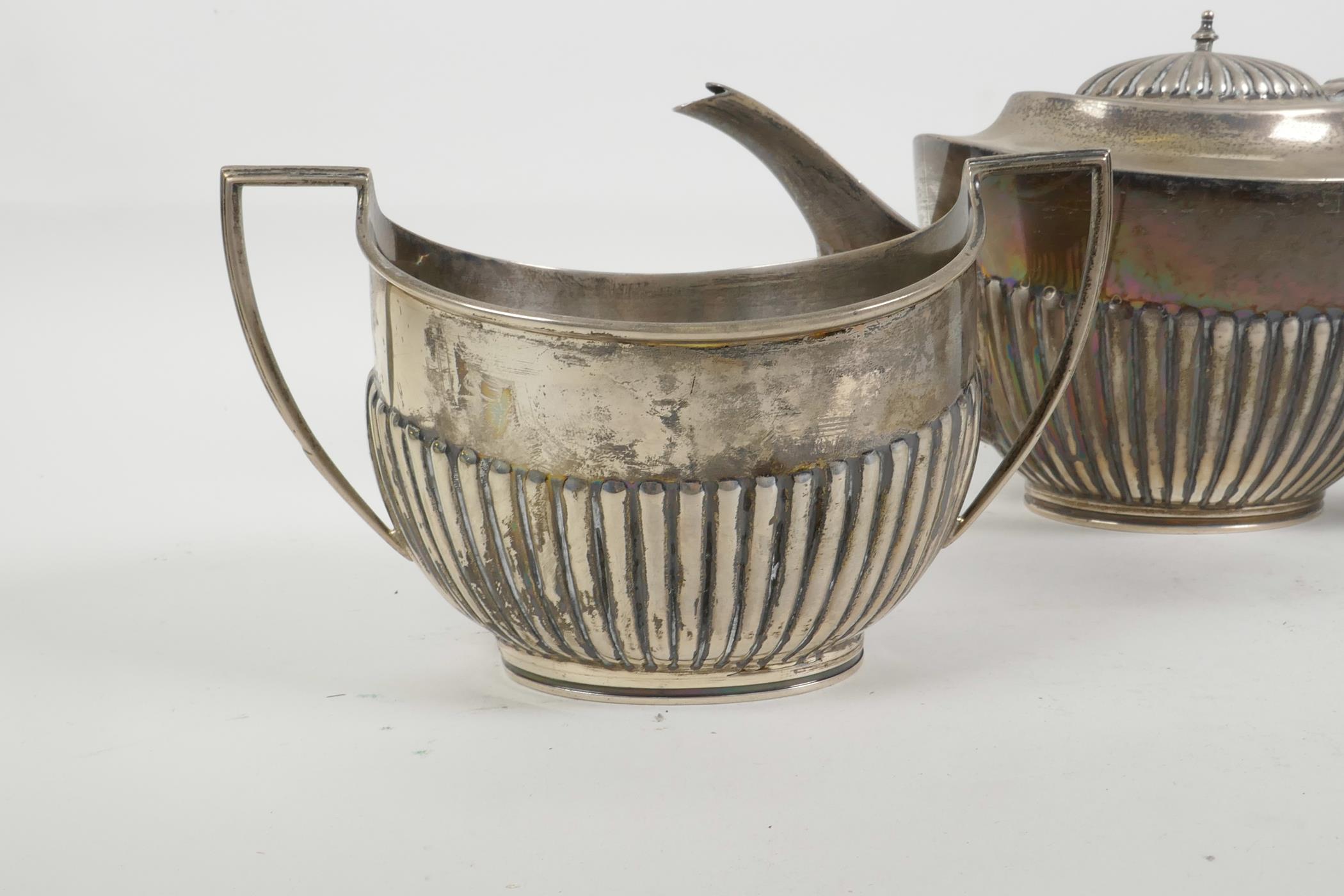 A silver Queen Anne style teapot, jug and sugar bowl by Alexander Clark & Co Ltd of Birmingham, - Image 2 of 5