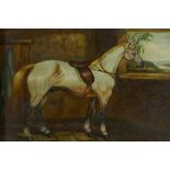 A grey horse in a stable, C19th oil on mill board, in gilt plaster frame, 8" x 6½"