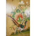 A pair of C19th Chinese watercolours featuring a magpie and pheasant with blossom, laid on panel,