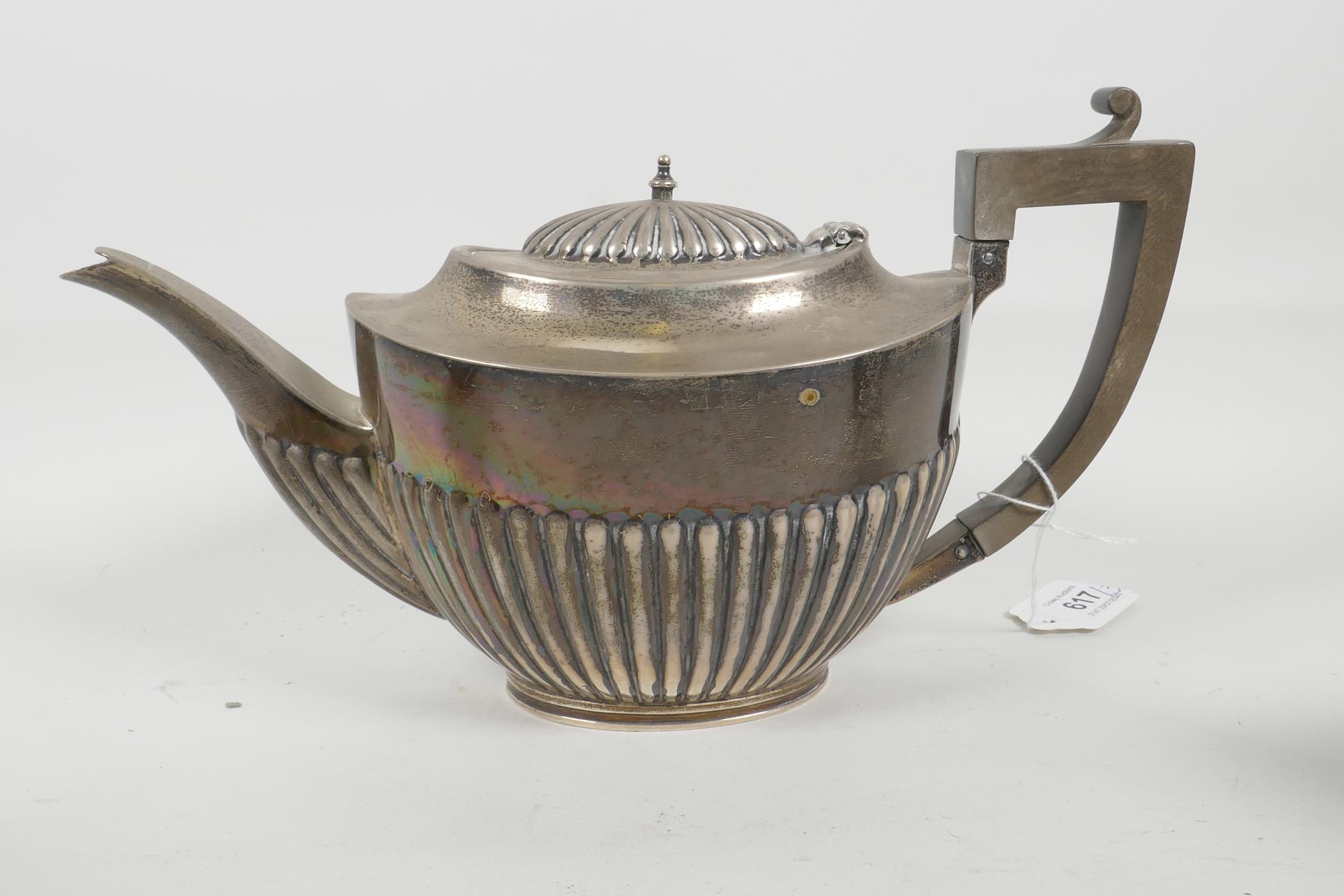 A silver Queen Anne style teapot, jug and sugar bowl by Alexander Clark & Co Ltd of Birmingham, - Image 4 of 5